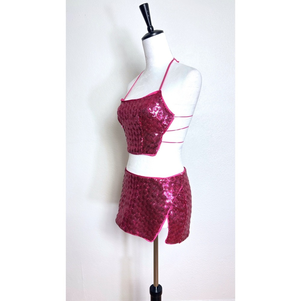 New Pink Sparkly Sequin Mini Skirt Open Back Crop Top Set Size Small Rave Party